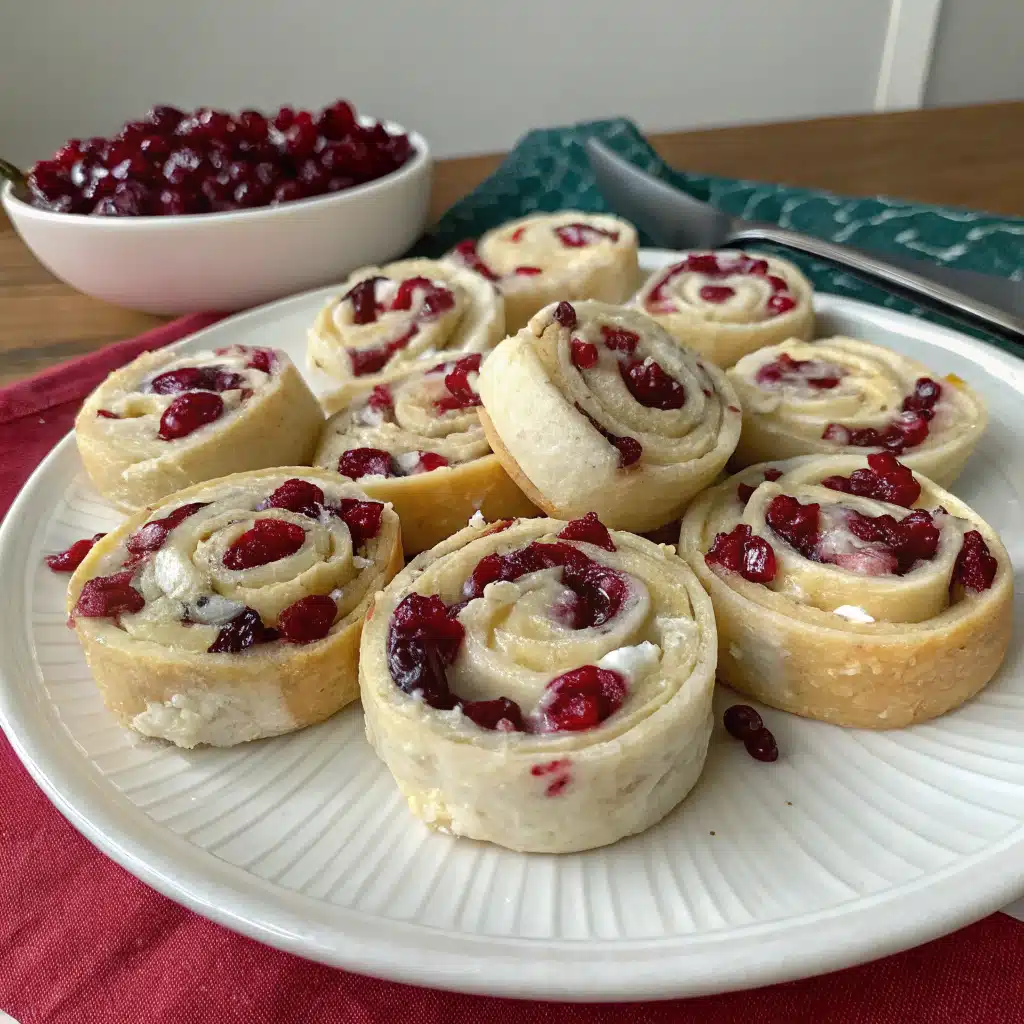 Colorful cranberry roll ups sliced into pinwheels on a white platter, showing creamy filling with red cranberries and green chives