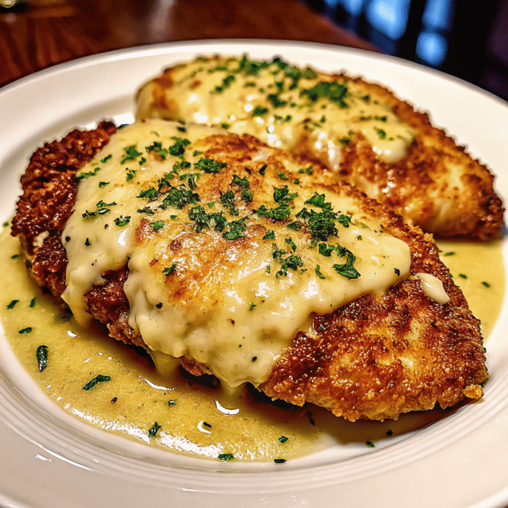 Golden brown Parmesan crusted chicken breast on a white plate with fresh parsley garnish and melted cheese visible beneath the crispy crust