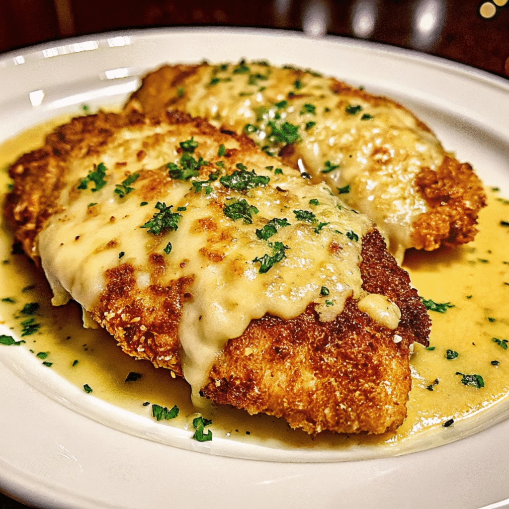 Golden brown Parmesan crusted chicken breast on a white plate with fresh parsley garnish and melted cheese visible beneath the crispy crust