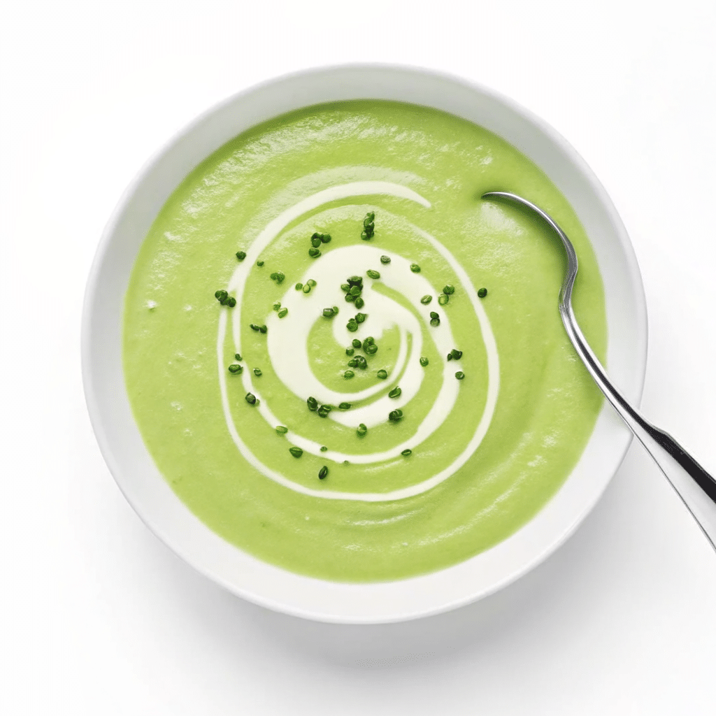 A bowl of vibrant bright green cream spring vegetable soup topped with a swirl of Greek yogurt and fresh chives, served with crusty bread on a white table.