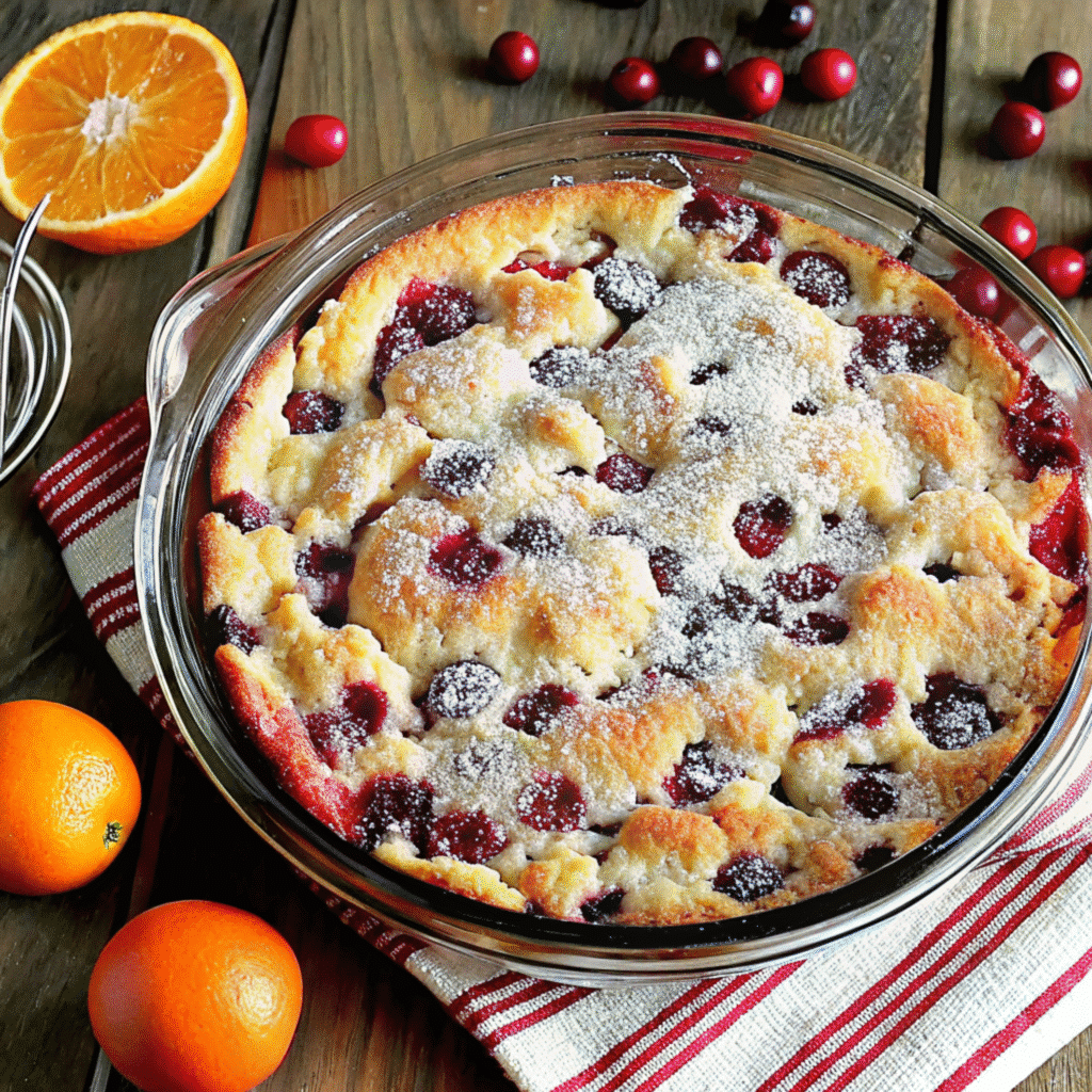 cranberry orange buttermilk cake on a white plate, showing moist golden crumb dotted with bright red cranberries, with a fork beside it