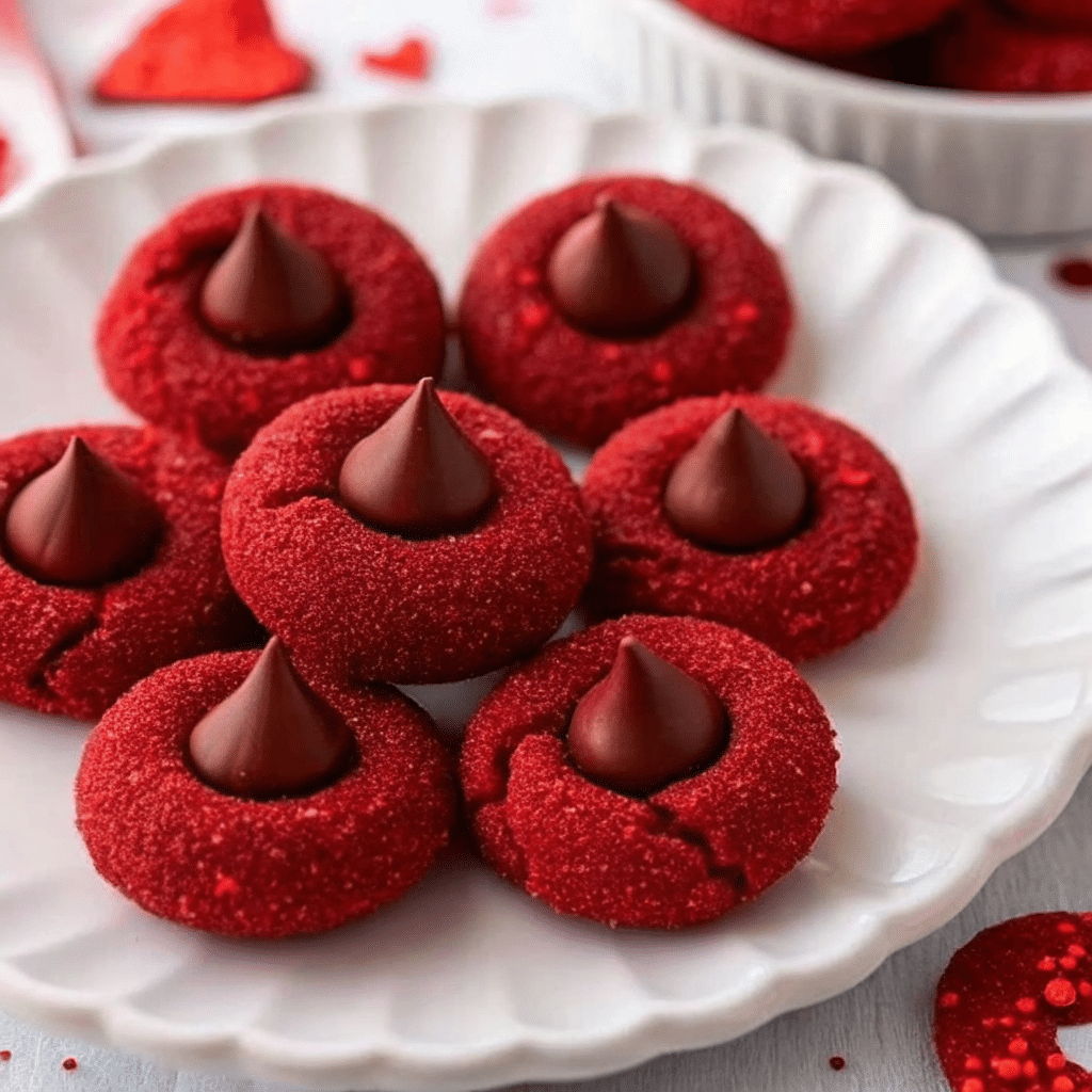 Hershey's Red Velvet Blossoms Cookies are the perfect festive treat! Soft, buttery red velvet cookies rolled in sparkly red sugar and topped with chocolate Kisses – ready in just 25 minutes