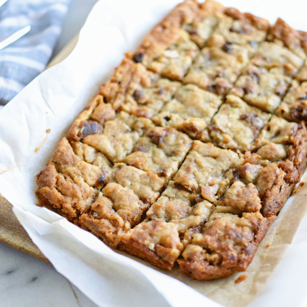 Square apple brownies golden edges visible tender apple chunks throughout topped cinnamon-sugar crystals cut neat squares arranged white ceramic plate rustic wooden background