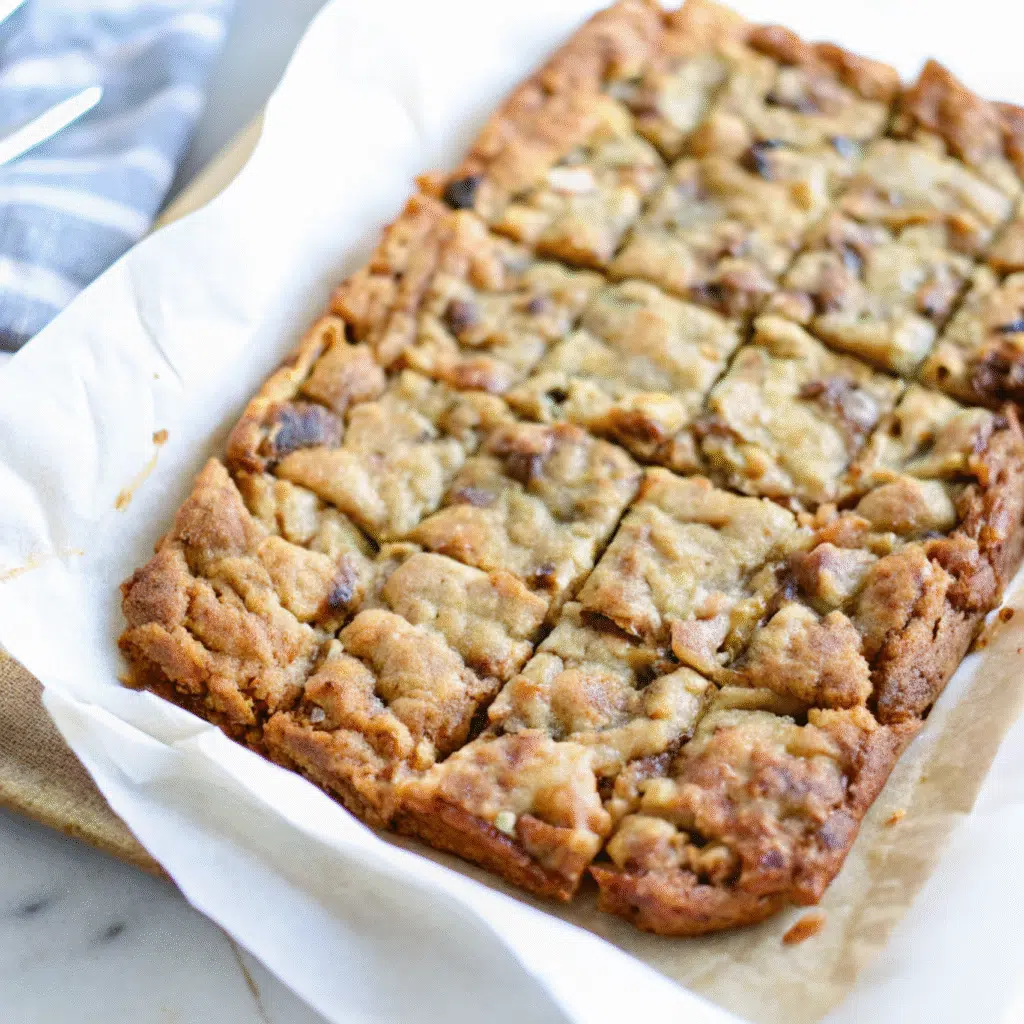 Square apple brownies golden edges visible tender apple chunks throughout topped cinnamon-sugar crystals cut neat squares arranged white ceramic plate rustic wooden background