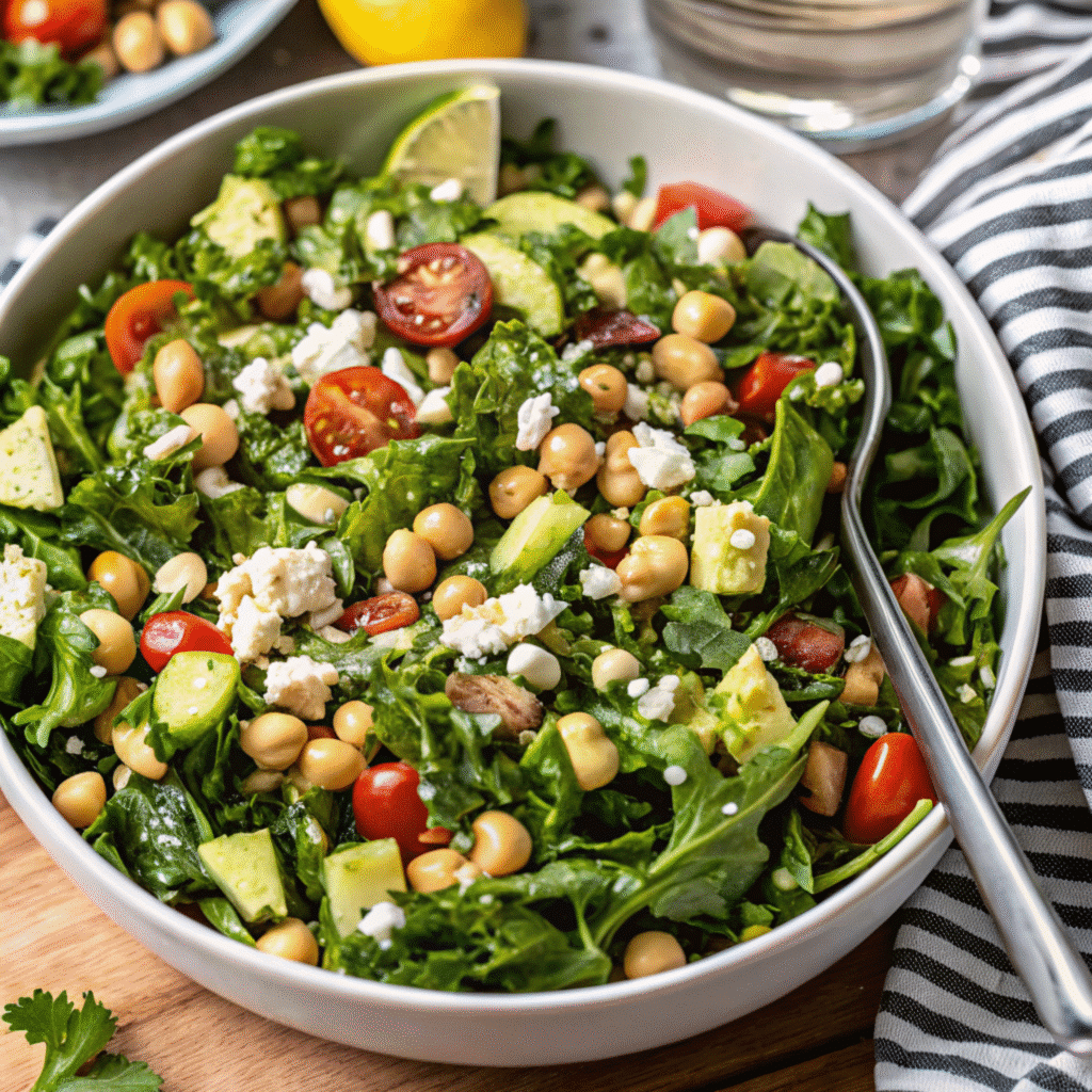 A fresh chickpea feta avocado salad in a white bowl with creamy avocado chunks, chickpeas, crumbled feta cheese, and fresh cilantro, garnished with lime wedges