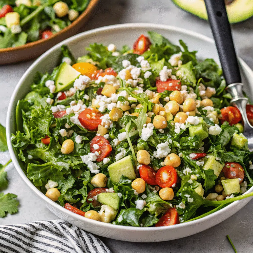 A fresh chickpea feta avocado salad in a white bowl with creamy avocado chunks, chickpeas, crumbled feta cheese, and fresh cilantro, garnished with lime wedges