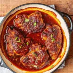 Sticky brown sugar garlic chicken thighs with caramelized glaze served over white rice with green onion garnish