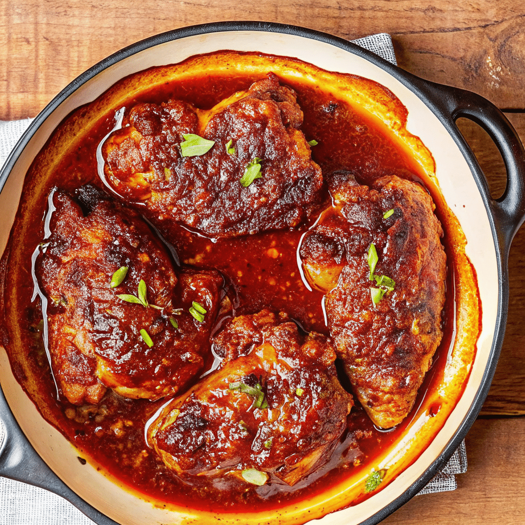 Sticky brown sugar garlic chicken thighs with caramelized glaze served over white rice with green onion garnish
