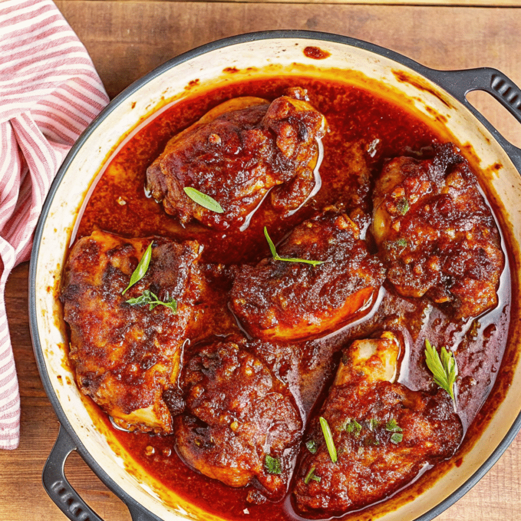 Sticky brown sugar garlic chicken thighs with caramelized glaze served over white rice with green onion garnish