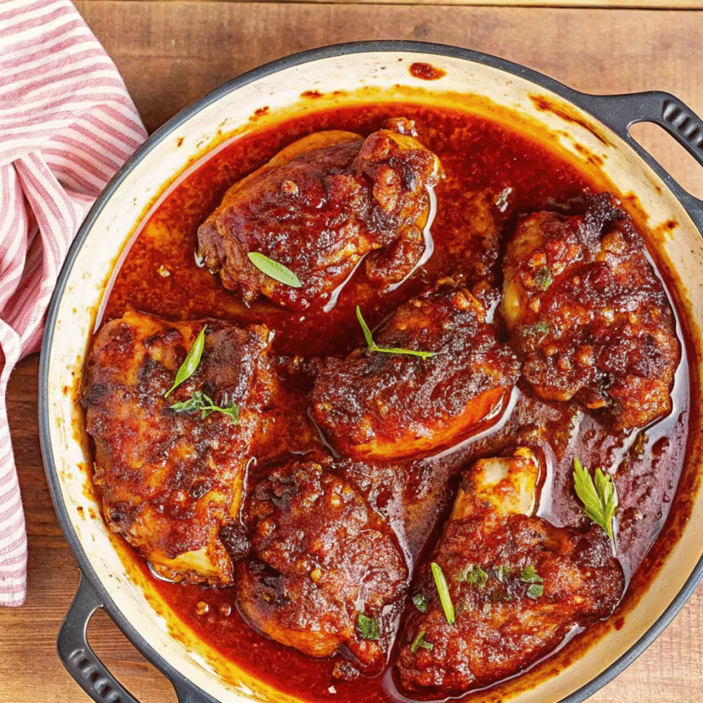 Sticky brown sugar garlic chicken thighs with caramelized glaze served over white rice with green onion garnish