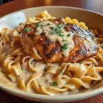 A large skillet filled with creamy buttered egg noodles topped with golden-brown seared chicken breasts, garnished with fresh parsley and grated Parmesan cheese