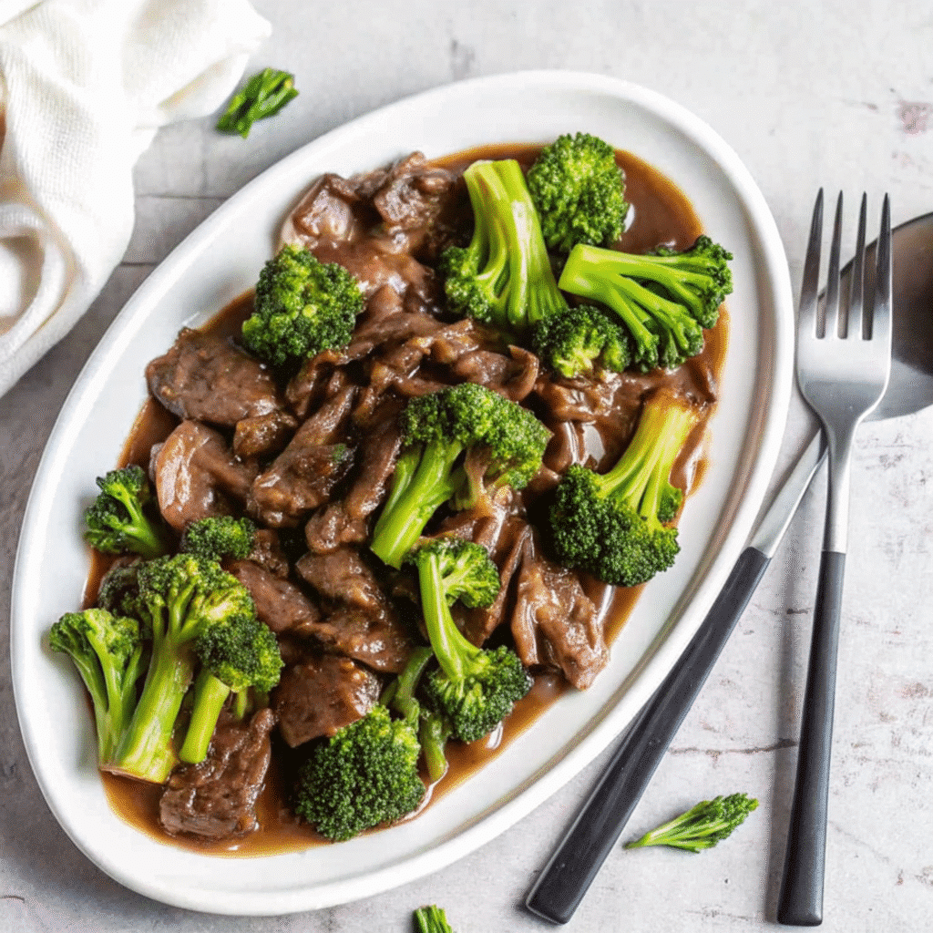 Chinese Beef and Broccoli with tender beef strips, crisp broccoli, and savory garlic-ginger sauce – ready in just 20 minutes!