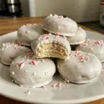 Peppermint Meltaways cookies topped with pink peppermint frosting and crushed candy canes on a white plate, showing the soft, crumbly texture of the buttery shortbread-style cookies