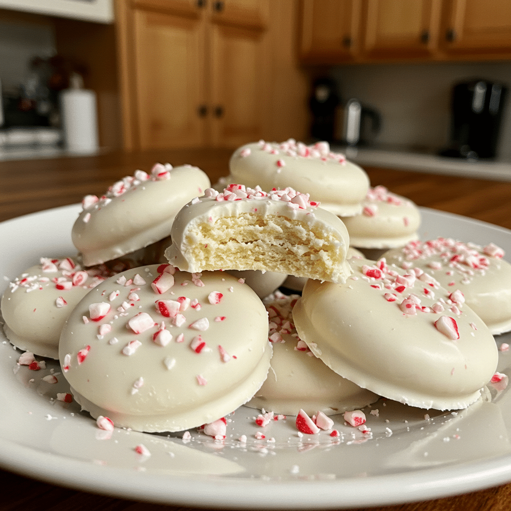 Peppermint Meltaways cookies topped with pink peppermint frosting and crushed candy canes on a white plate, showing the soft, crumbly texture of the buttery shortbread-style cookies