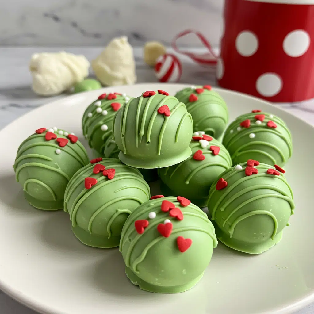 Grinch Christmas Truffles: Easy No Bake Holiday Treats 4 Festive Grinch Christmas truffles coated in green chocolate and topped with red candy hearts.