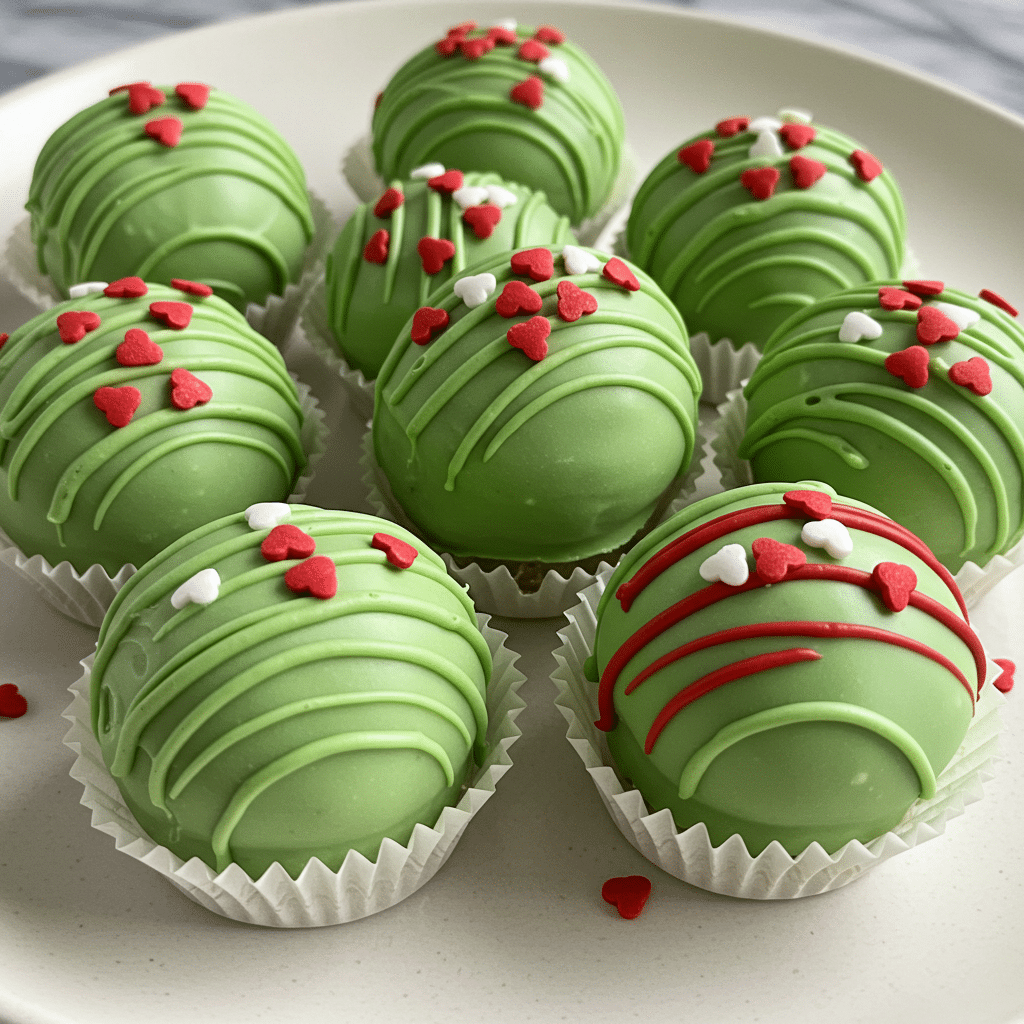 Festive Grinch Christmas truffles coated in green chocolate and topped with red candy hearts.