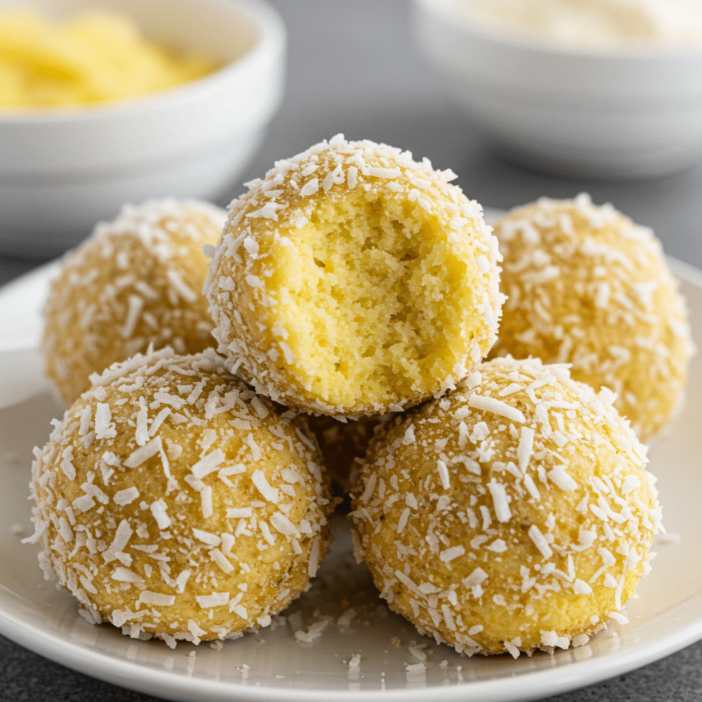 Easy pineapple Christmas balls coated in shredded coconut and served on a festive holiday plate.