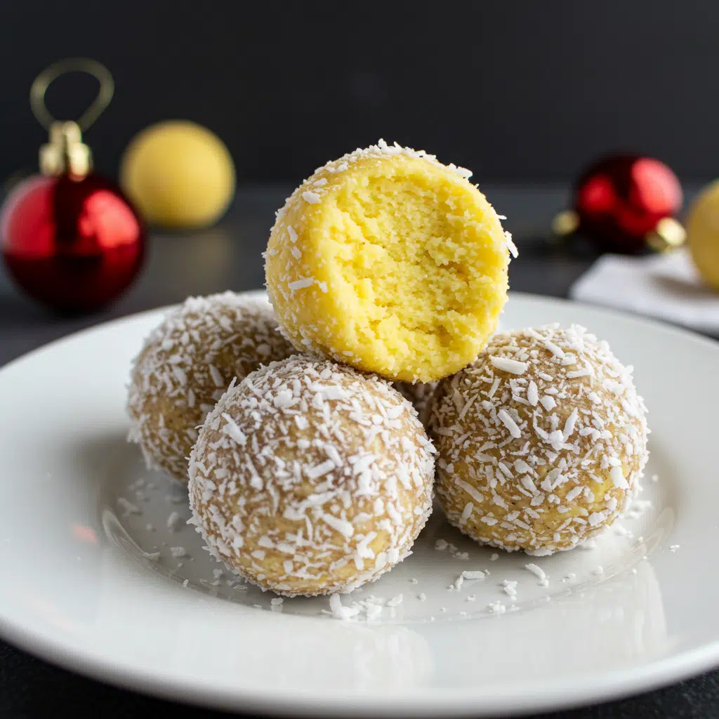 Easy pineapple Christmas balls coated in shredded coconut and served on a festive holiday plate.