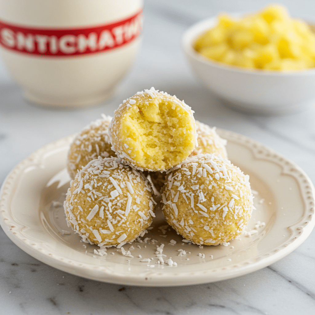 Easy pineapple Christmas balls coated in shredded coconut and served on a festive holiday plate.