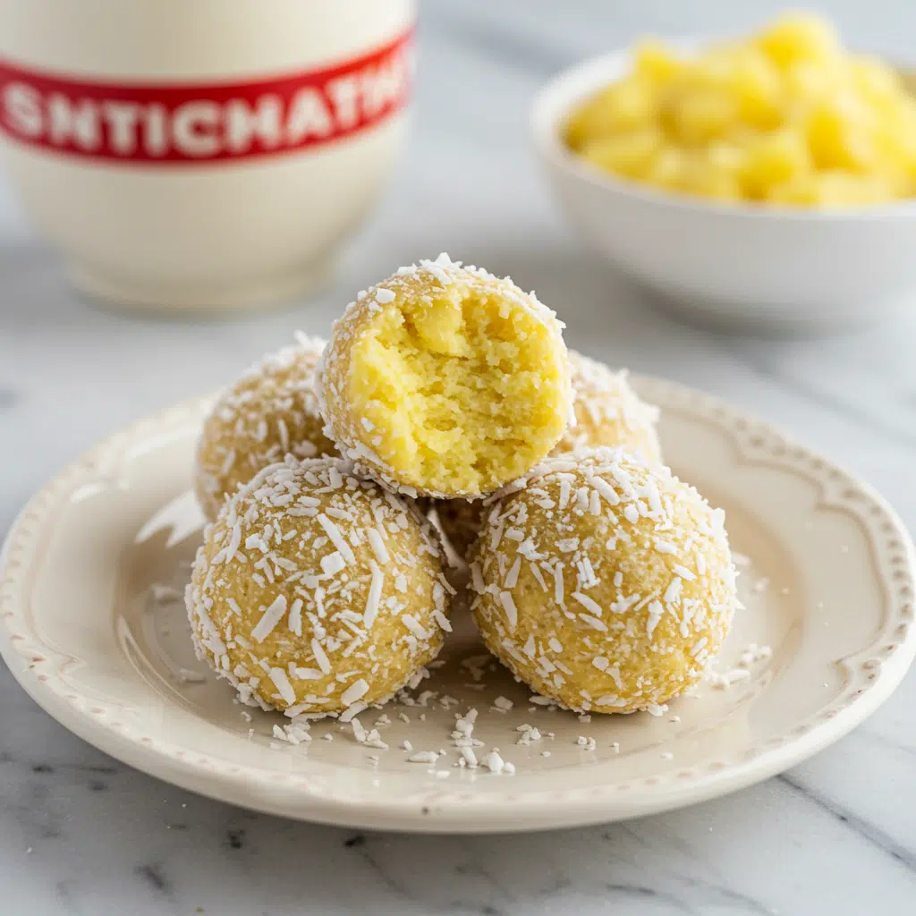 Easy pineapple Christmas balls coated in shredded coconut and served on a festive holiday plate.