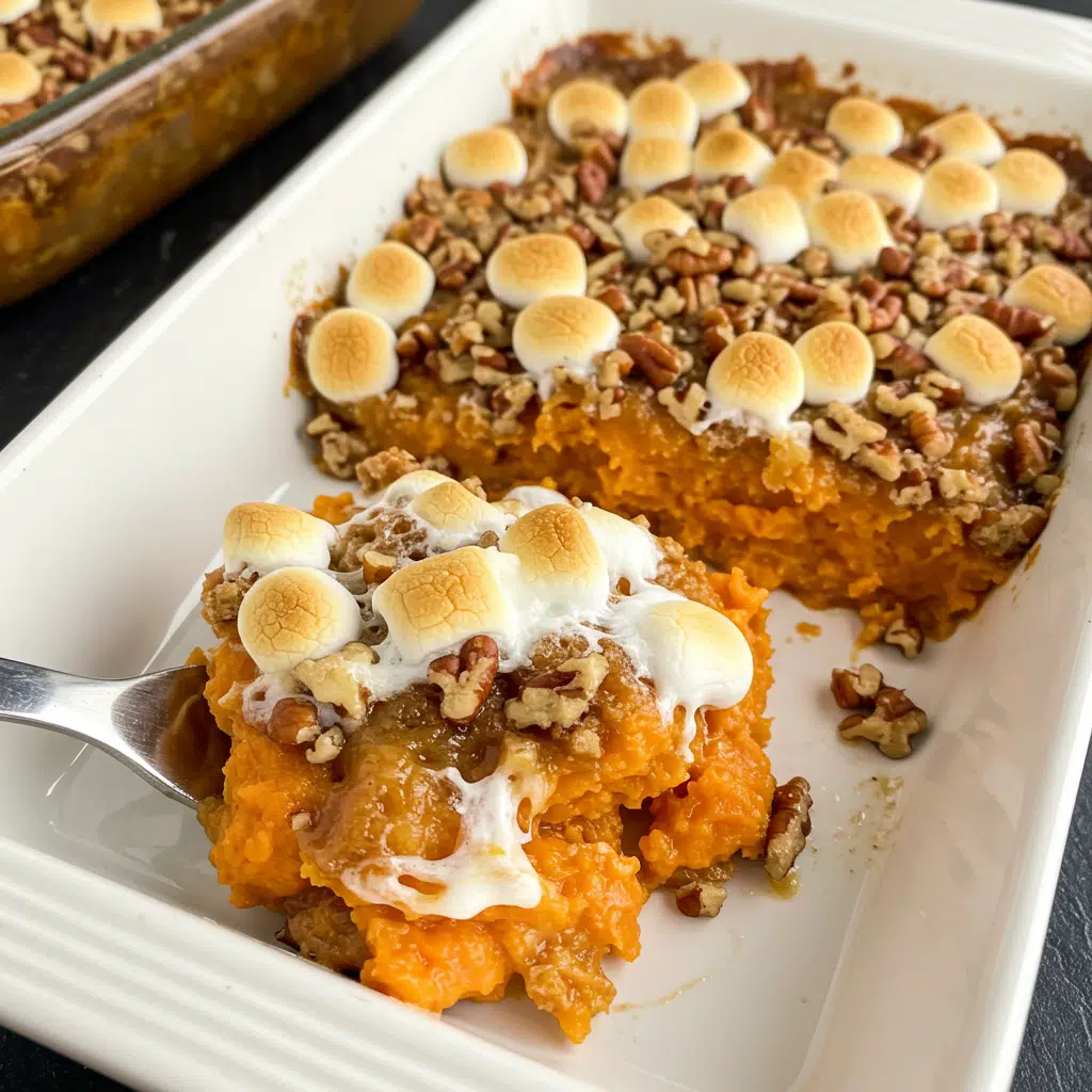 Southern Maple Sweet Potato Casserole is everything you love about the holidays in one dish! Roasted sweet potatoes, warm spices, plump raisins, gooey marshmallows, and a crunchy maple pecan topping make this the ultimate comfort food side dish
