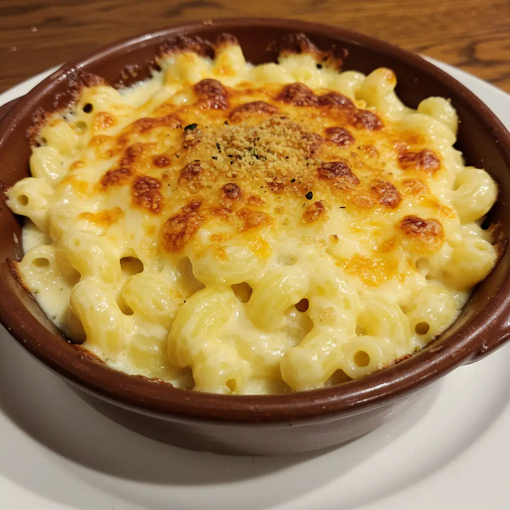 Golden baked mac and cheese in a white baking dish with crispy panko breadcrumb topping and melted cheese visible around the edges