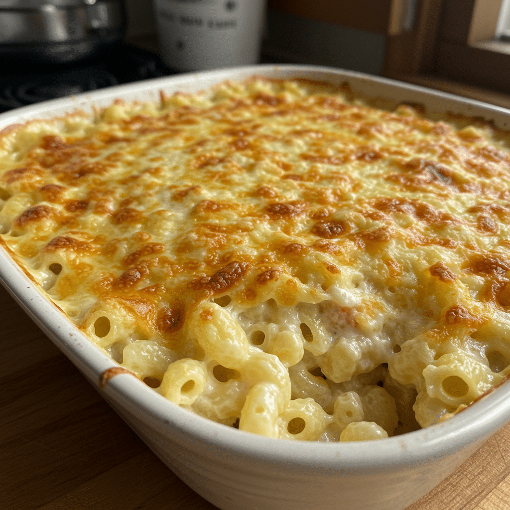 Golden baked mac and cheese in a white baking dish with crispy panko breadcrumb topping and melted cheese visible around the edges