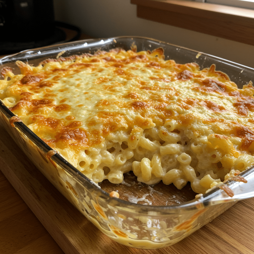 Golden baked mac and cheese in a white baking dish with crispy panko breadcrumb topping and melted cheese visible around the edges