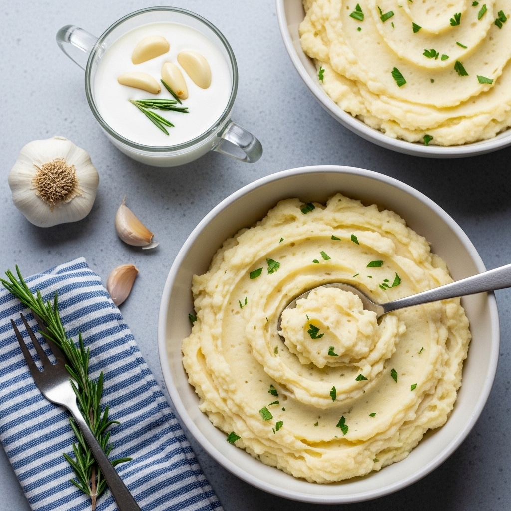 A white bowl filled with creamy, fluffy rosemary garlic mashed potatoes garnished with fresh parsley and a pat of melting butter on top
