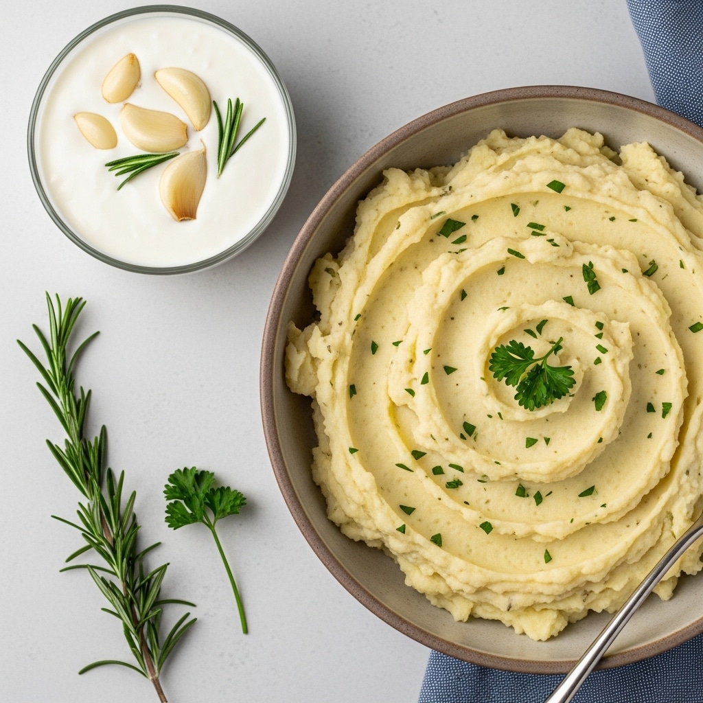 A white bowl filled with creamy, fluffy rosemary garlic mashed potatoes garnished with fresh parsley and a pat of melting butter on top