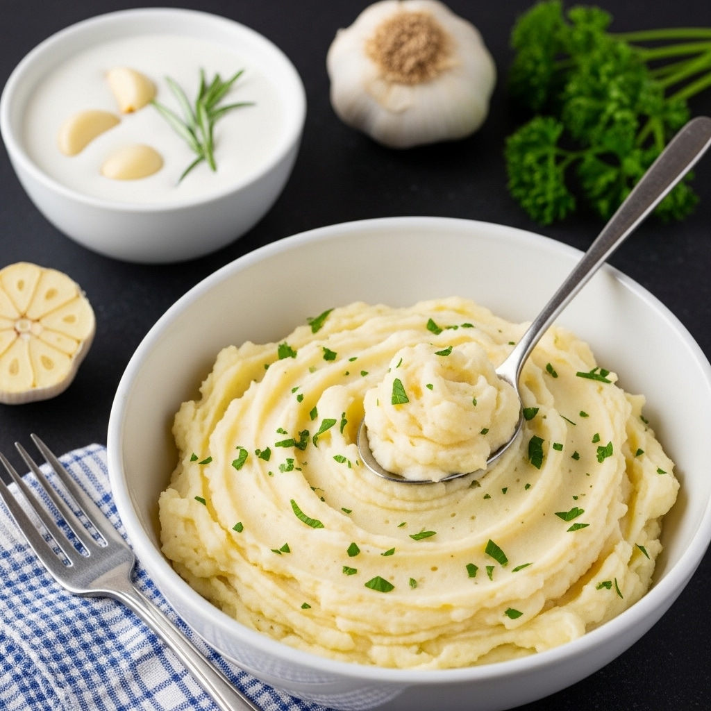 A white bowl filled with creamy, fluffy rosemary garlic mashed potatoes garnished with fresh parsley and a pat of melting butter on top