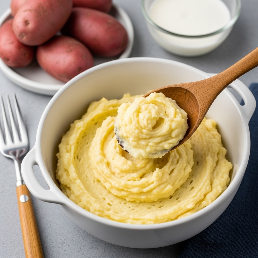 A white bowl filled with creamy garlic mashed potatoes topped with a pat of melting butter and fresh chopped parsley, with a silver spoon beside it