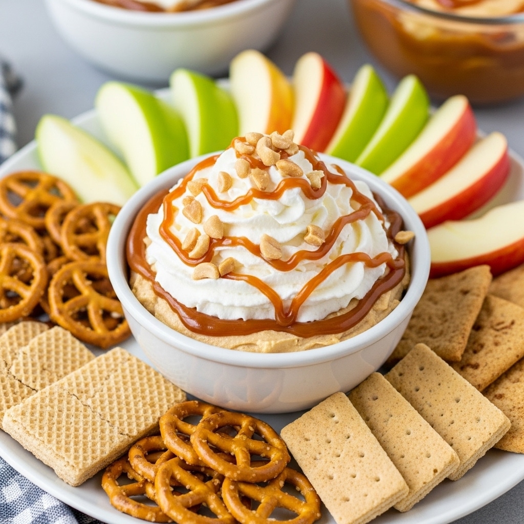 Layered caramel apple cheesecake dip in a glass pie dish showing distinct layers of graham cracker crumbs, creamy cheesecake filling, caramel sauce, whipped topping, and chopped peanuts, surrounded by fresh apple slices and graham crackers for dipping