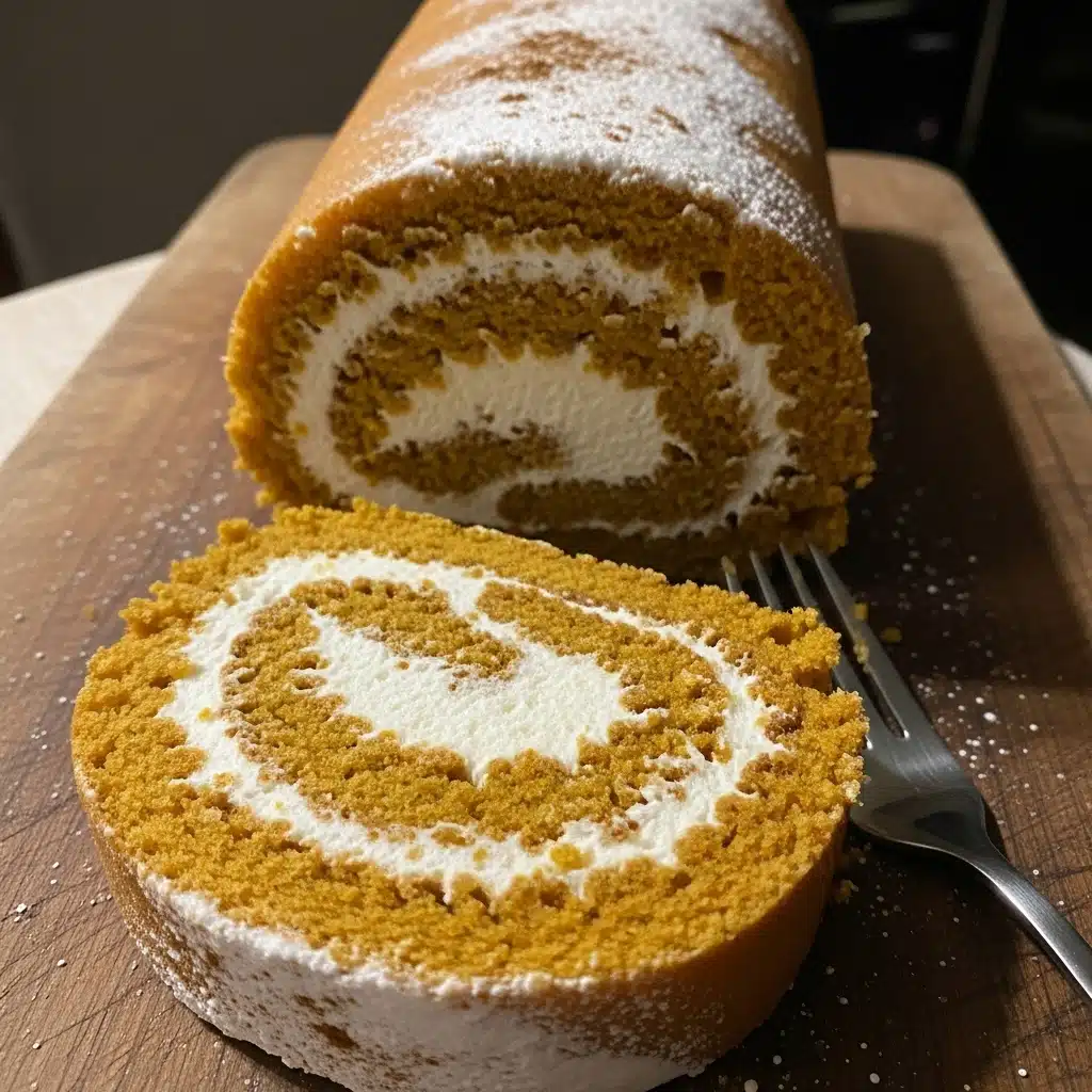 Pumpkin Spice Roll Cake 7 A beautiful pumpkin spice roll cake with cream cheese filling, dusted with powdered sugar, shown on a white serving platter with one slice