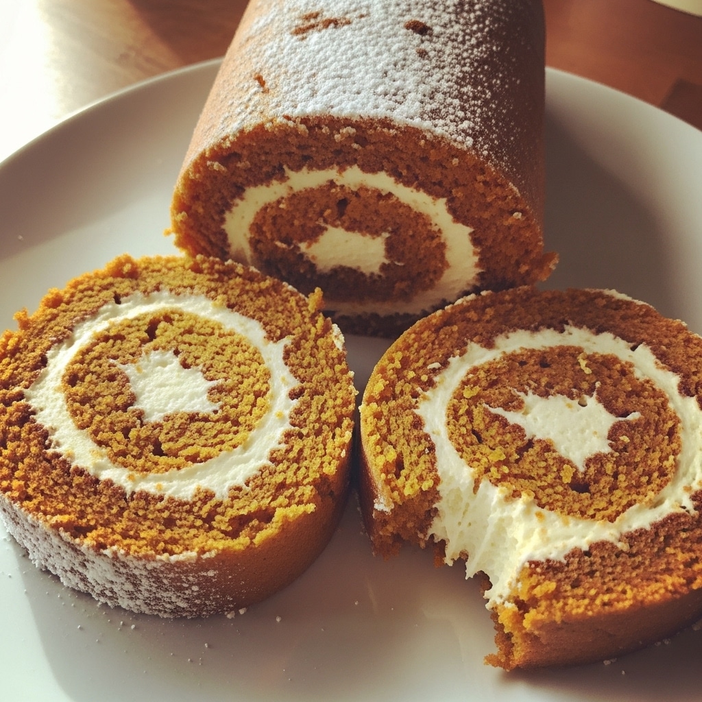 A beautiful pumpkin spice roll cake with cream cheese filling, dusted with powdered sugar, shown on a white serving platter with one slice
