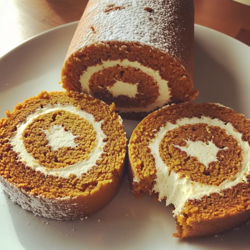 Pumpkin Spice Roll Cake 8 A beautiful pumpkin spice roll cake with cream cheese filling, dusted with powdered sugar, shown on a white serving platter with one slice