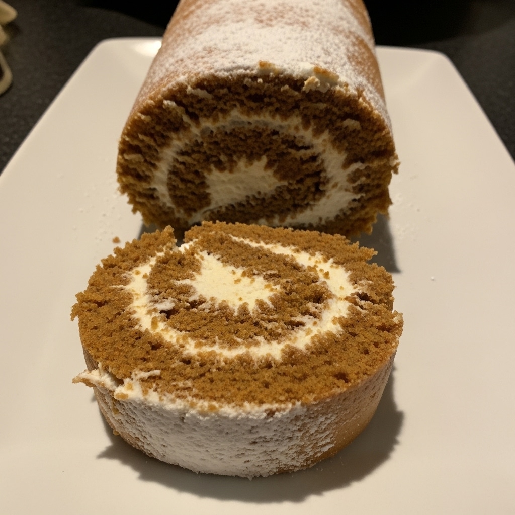A beautiful pumpkin spice roll cake with cream cheese filling, dusted with powdered sugar, shown on a white serving platter with one slice