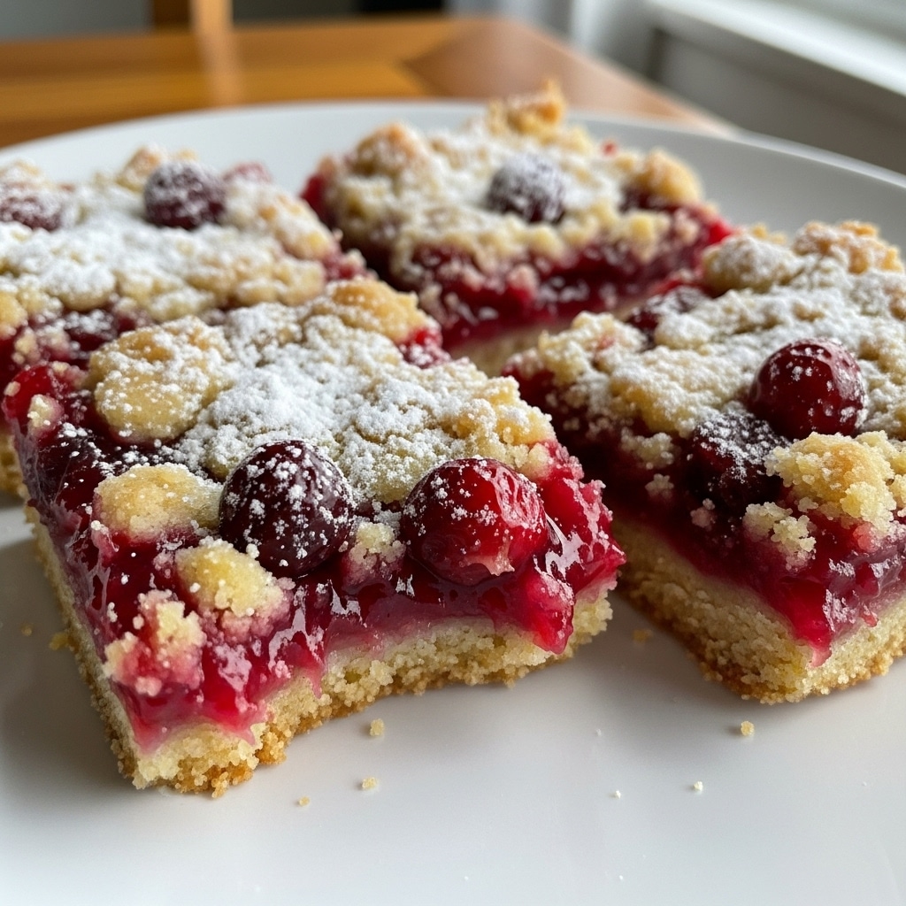 Golden buttery cranberry bars with crumble topping and fresh cranberries showing through, cut into squares on parchment paper
