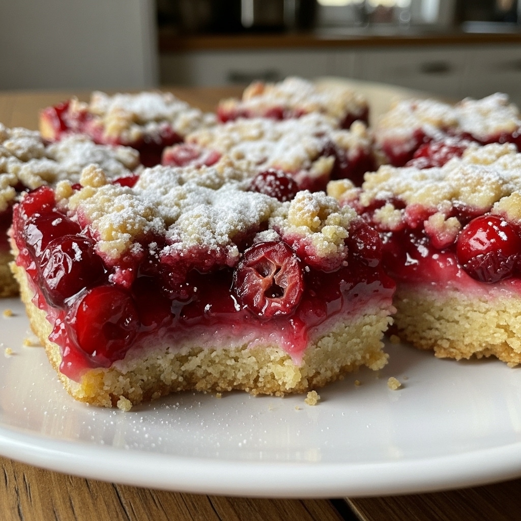 Golden buttery cranberry bars with crumble topping and fresh cranberries showing through, cut into squares on parchment paper
