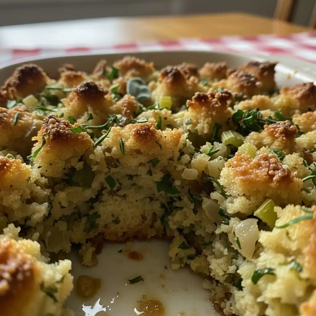 Golden brown herb stuffing in a white baking dish with visible bread cubes, fresh herbs, and crispy edges