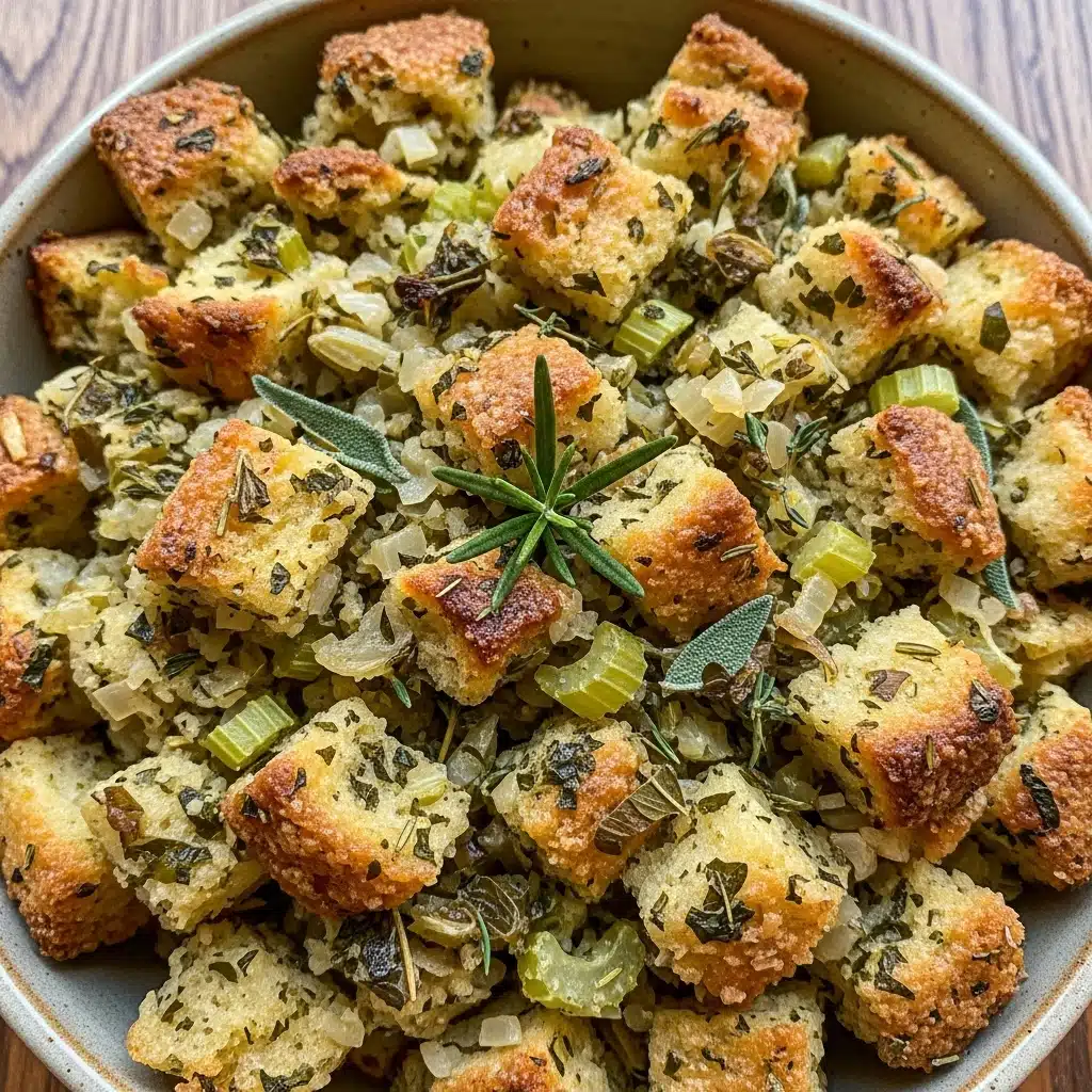 Golden brown herb stuffing in a white baking dish with visible bread cubes, fresh herbs, and crispy edges