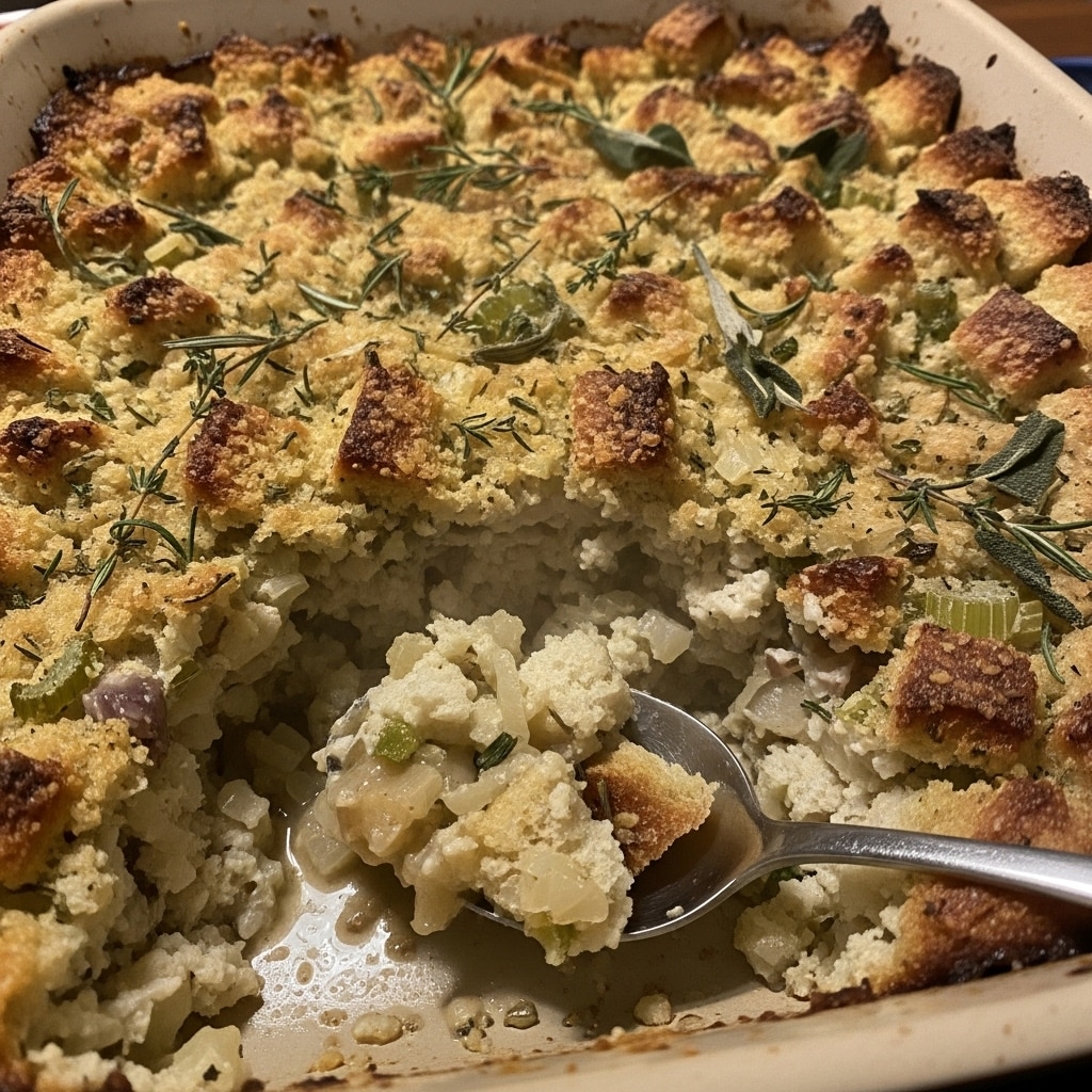 Golden brown herb stuffing in a white baking dish with visible bread cubes, fresh herbs, and crispy edges