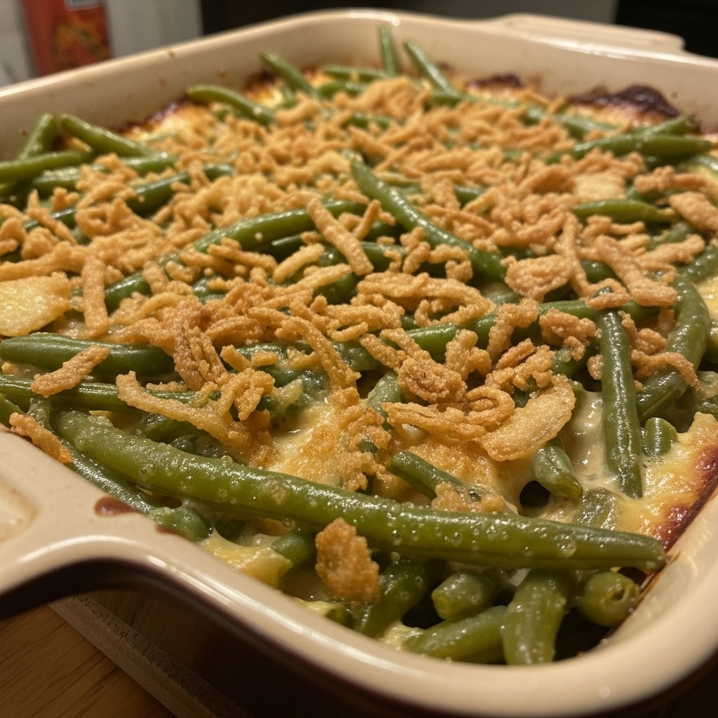 Southern green bean casserole in white baking dish topped with golden crispy French fried onions fresh from the oven