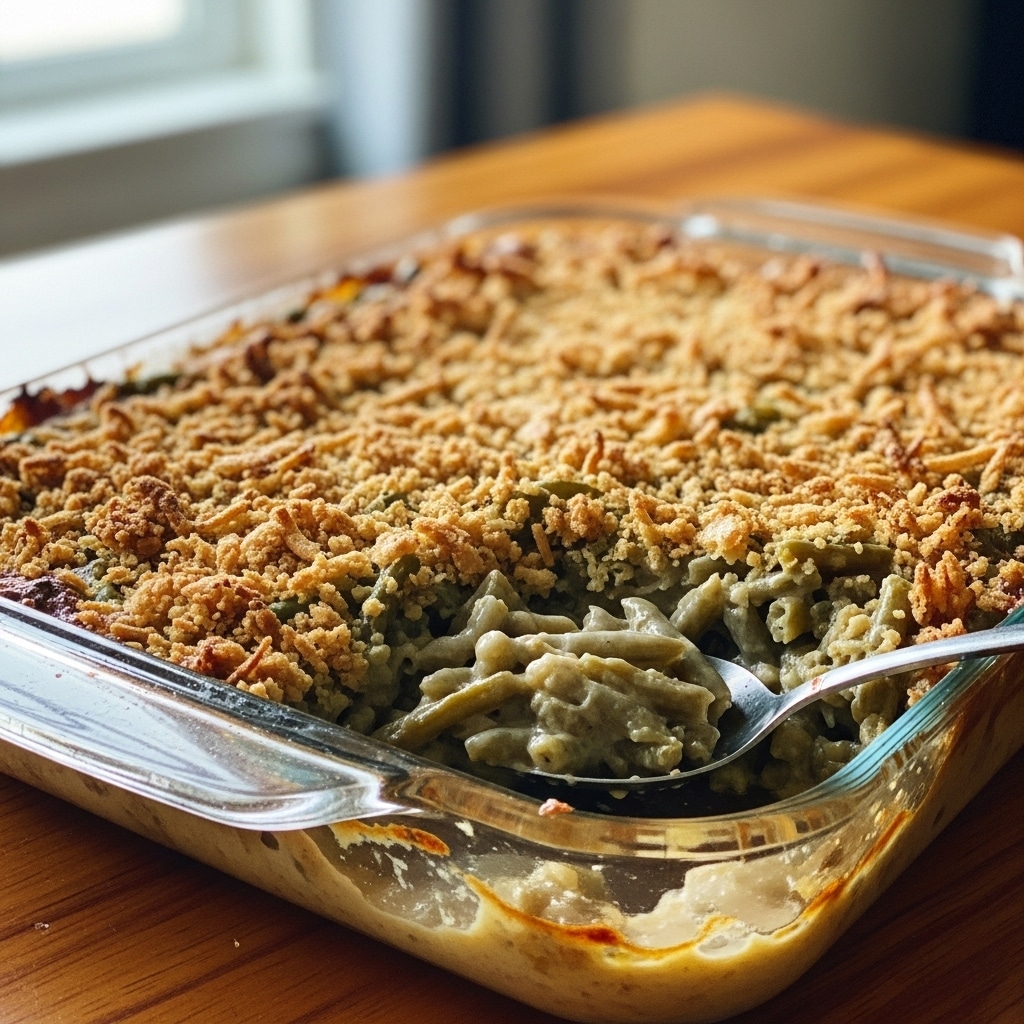 Southern green bean casserole in white baking dish topped with golden crispy French fried onions fresh from the oven