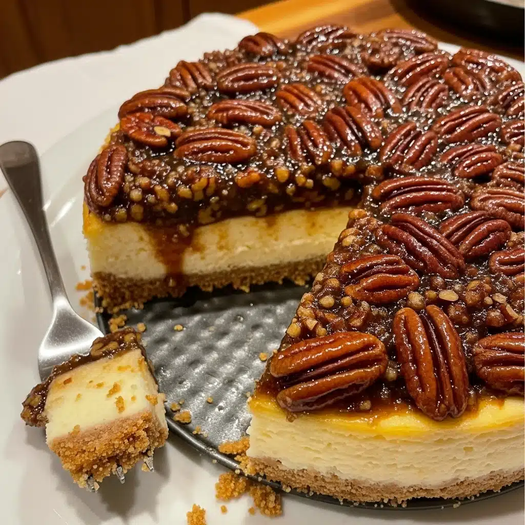 Pecan Pie Cheesecake 8 pecan pie cheesecake on a white plate showing three distinct layers including a golden brown graham cracker pecan crust on the bottom, a thick creamy white cheesecake filling in the middle, and a glossy caramelized pecan pie topping covering the entire top surface
