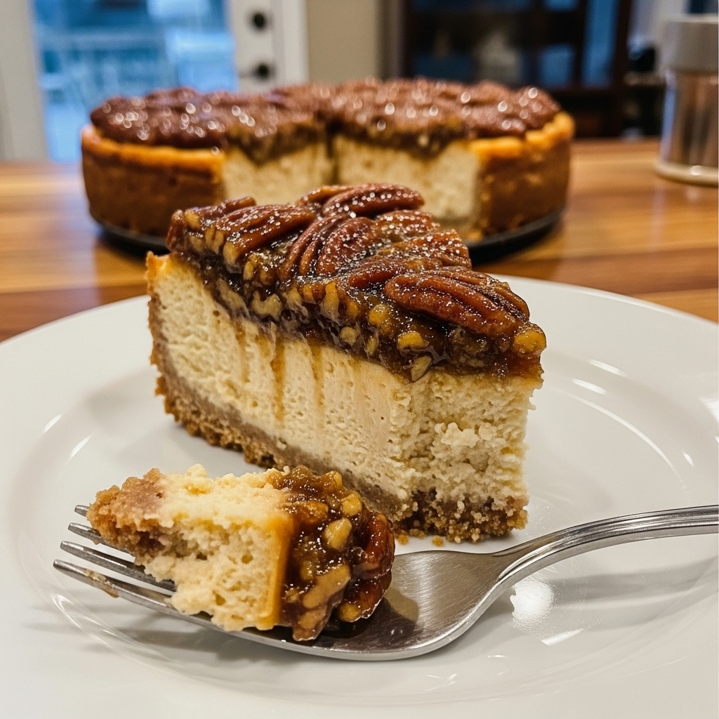pecan pie cheesecake on a white plate showing three distinct layers including a golden brown graham cracker pecan crust on the bottom, a thick creamy white cheesecake filling in the middle, and a glossy caramelized pecan pie topping covering the entire top surface