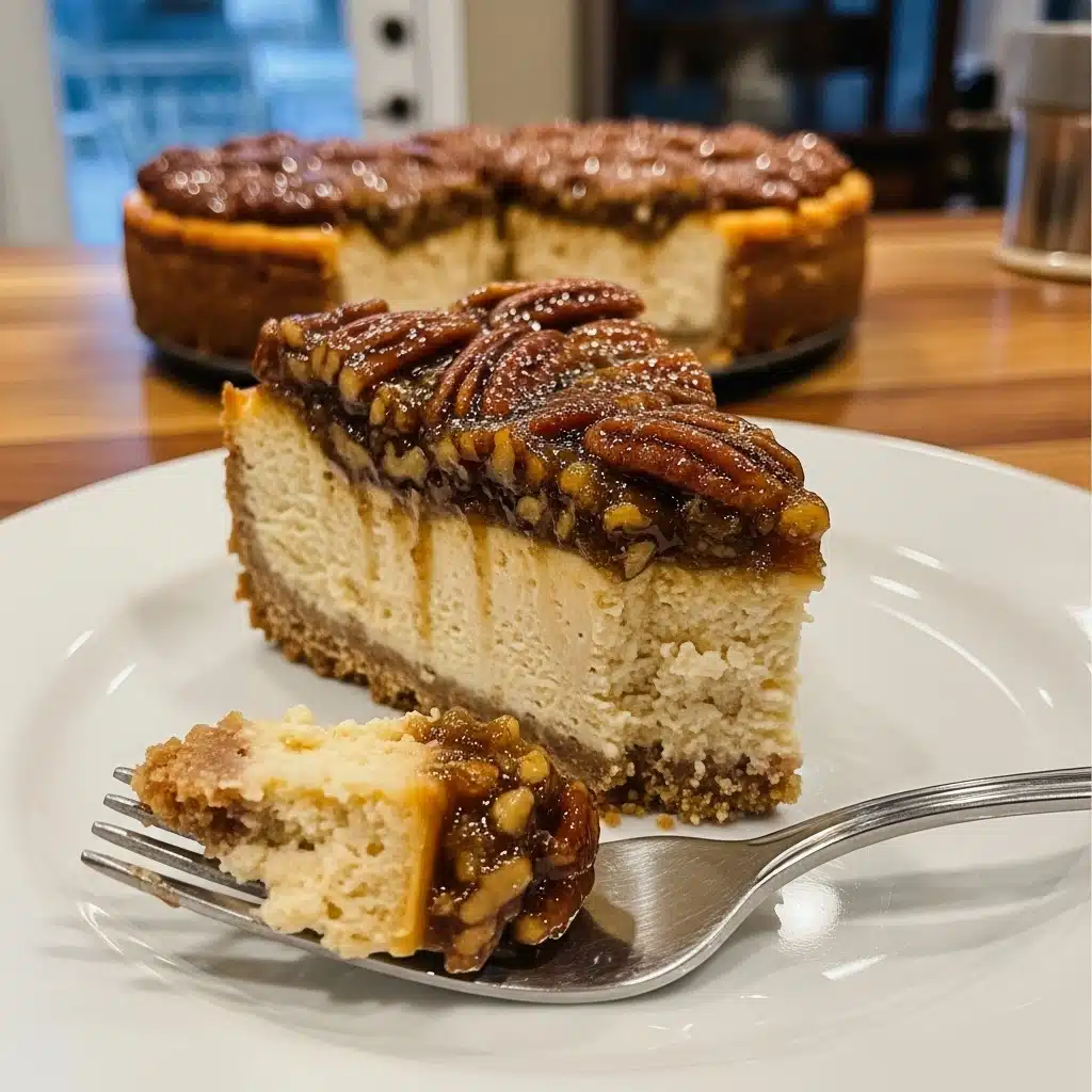 Pecan Pie Cheesecake 7 pecan pie cheesecake on a white plate showing three distinct layers including a golden brown graham cracker pecan crust on the bottom, a thick creamy white cheesecake filling in the middle, and a glossy caramelized pecan pie topping covering the entire top surface