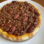 pecan pie cheesecake on a white plate showing three distinct layers including a golden brown graham cracker pecan crust on the bottom, a thick creamy white cheesecake filling in the middle, and a glossy caramelized pecan pie topping covering the entire top surface