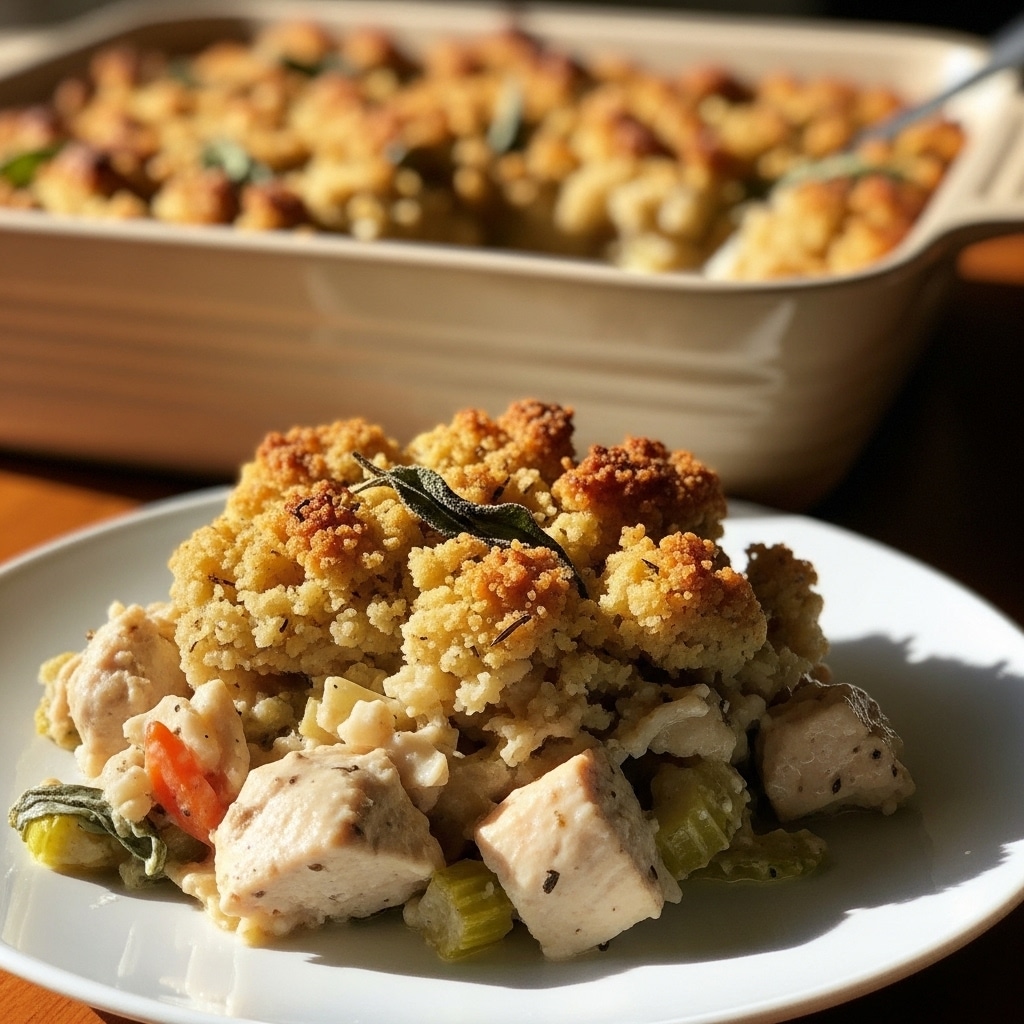 Chicken and stuffing casserole baked until golden brown with a crispy topping.