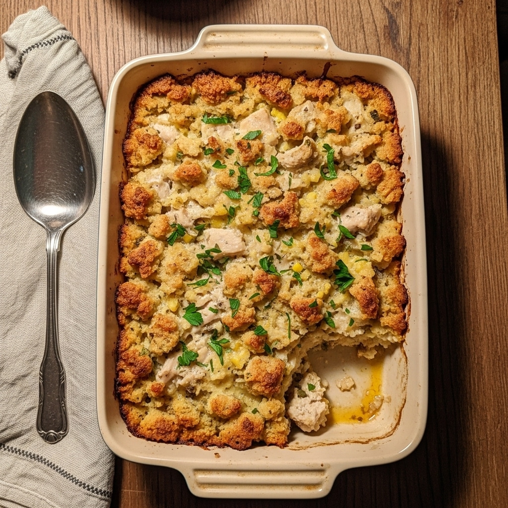 Chicken and stuffing casserole baked until golden brown with a crispy topping.